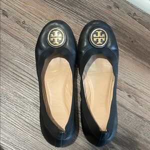 Tory Burch Black Leather Logo Ballet Flats with Gold Medallions